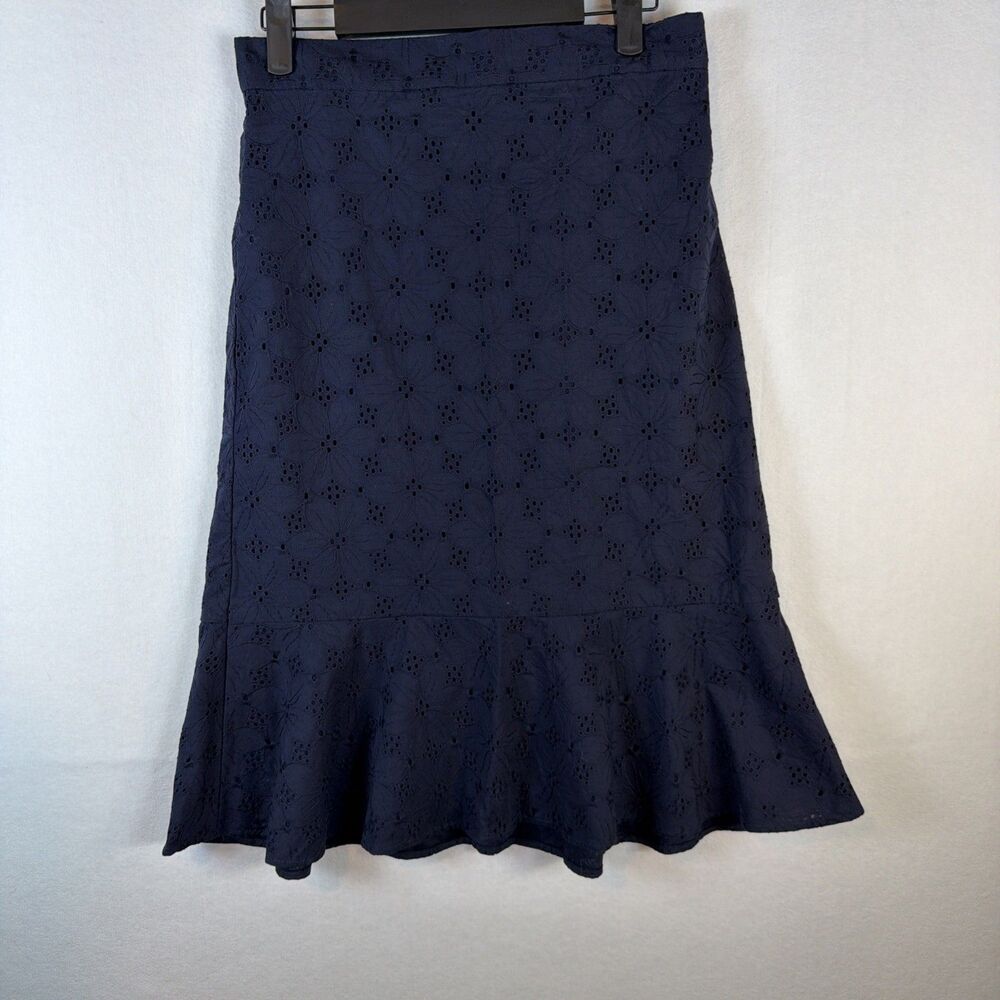 NWT Ann Taylor Womens Size 0 Navy Blue Eyelet Flounce Hem Pencil Skirt
